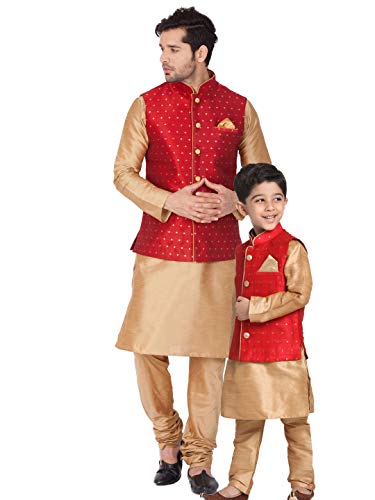VASTRAMAY Baap Beta Maroon Kurta Waistcoat and Pyjama Set (Man-40 Size/Boy-9-10 Years)