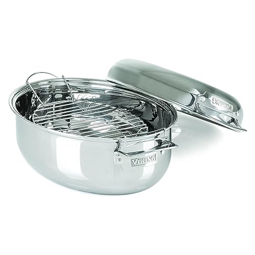 Viking 3-Ply Stainless Steel Oval Roaster with Metal Induction Lid and Rack, 8.5 Quart