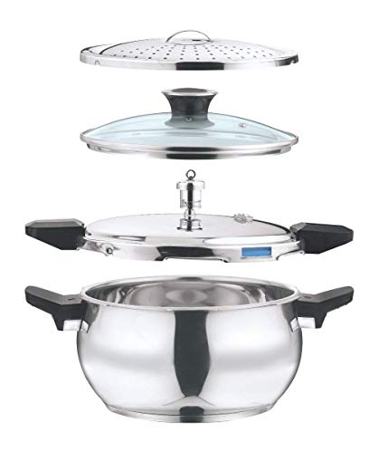 Vinod 18/8 Stainless Steel Magic Outer Lid Pressure Cooker - 5.5 Liters with a Pressure Cooker Lid, Straining Lid and Glass Lid (Induction and Gas Friendly), Silver