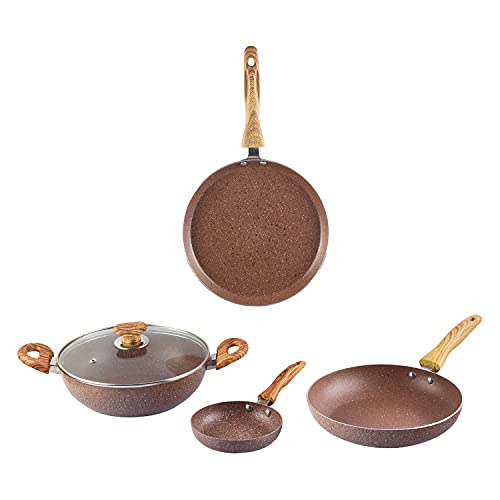 Vinod Beta Max Non Stick Cookware Set 4 Pcs | Kadai with Lid, Dosa Tawa, Frypan, Mini Frypan | 5-Ply Aluminum Layer (3mm Thick) | Gas and Induction Base | 2 Year Warranty