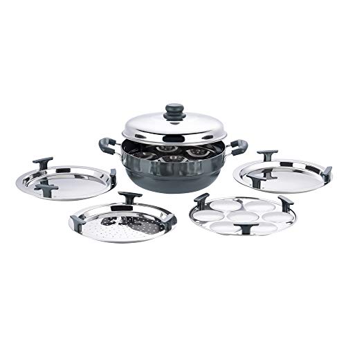 Vinod Black Pearl Plus Hard Anodised 6 Pcs Multi Kadai/Kadhai with Stainless Steel Lid,2 Idli Plates,2 Dhokla Plates & 1 Patra Plate (Induction Compatible)
