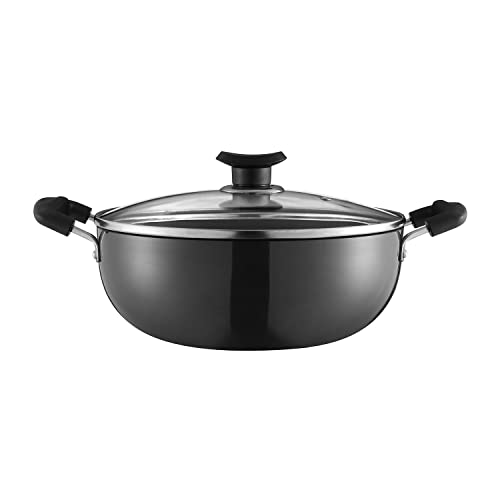 Vinod Black Pearl Plus Hard Anodised Deep Kadai/Kadhai with Glass Lid 3.1 litres (24 cm) | 3.25 mm Thickness | Riveted Sturdy Handles | Induction and Gas Stove Compatible