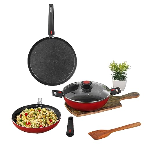 Vinod Connect Non Stick Cookware Set of 3 | Detachable Handles | Kadai, Frypan, and Dosa Tawa | 5-Ply Aluminum Layer (3mm Thick) | Gas & Induction Base | 2 Year Warranty