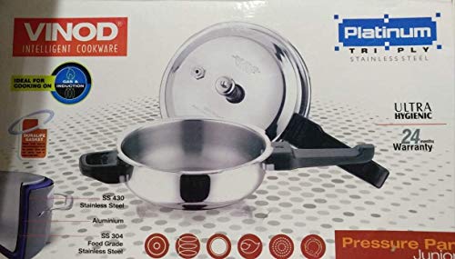 Vinod Cookware 3 Litre Induction Friendly Platinum 304 Food Grade Stainless Steel Triple Layered (Tri Ply) Pressure Pan Junior Induction Freindly, 3 Liter