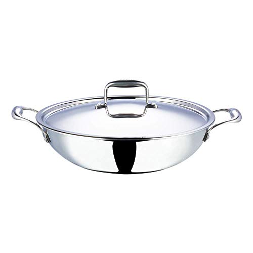 Vinod Cookware Food Grade 4.5 Litre Induction Friendly Platinum (TRI PLY) 18/8 Stainless Steel Kadai with Stainless Steel Lid (30cm, 4.5 Litre)