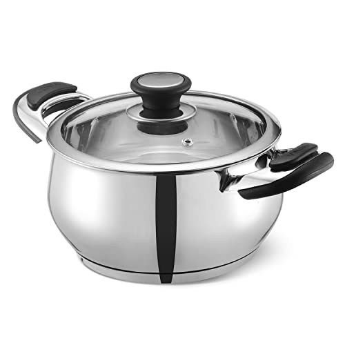 Vinod Durban Stainless Steel Handi Casserole 18 cm Diameter | 2.7 Litre Stainless Steel Saucepot | Induction Friendly Belly Shape Cooking Pot | BPA Free, Food Grade Steel, Silver (24 Months Warranty)