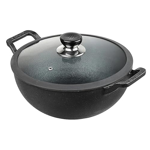 Vinod Non Stick Induction Hob Wok with Lid - Deep Stir Cast Iron Kadai Pan with Lid - 24cm, 3.3 Litre