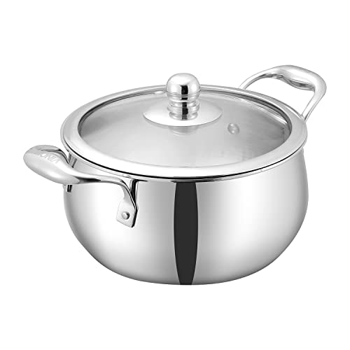 Vinod Platinum Triply Belly Shape Saucepot Of 2.5 Litres Capacity (18 Cm Diameter) Comes With Glass Lid, Riveted Handle, Mirror Finish - Silver (Induction And Gas Stove Friendly),Polished, 2.8 Liter