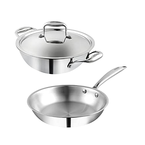 Vinod Platinum Triply Stainless Steel 2 Piece Combo Set - 24 cm Kadai with lid 2.5 litres, and 24 cm Frypan - (Induction and Gas Stove Friendly), Silver