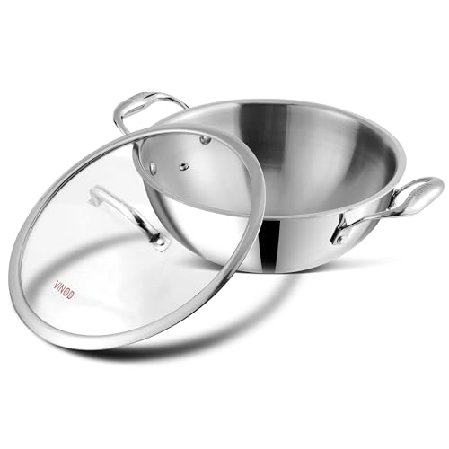 Vinod Platinum Triply Stainless Steel Extra Deep Kadai with Glass Lid 2.5 Litre (22 cm) | 2.5mm Thick Steel Kadhai | 5 Year Warranty | Induction & Gas Friendly | Heavy Bottom