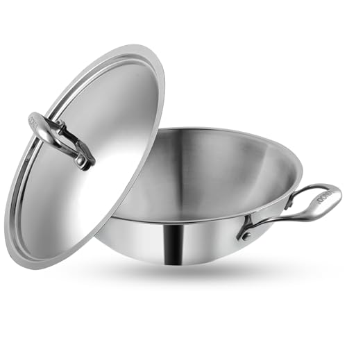 Vinod Platinum Triply Stainless Steel Kadai with lid 3.7 Litre (28 cm) | 2.5mm Thick | 3 Layer Stainless Steel Cookware | 5 Year Warranty | Induction & Gas Base
