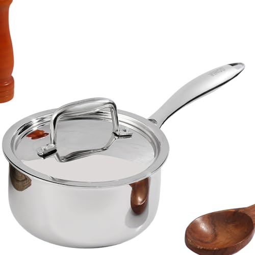 Vinod Platinum Triply Stainless Steel Saucepan with Lid - 2.2 Litres (18 cm) | 2.5 mm Thick | Tea, Chai Pan | 5 Year Warranty | Induction & Gas Friendly, Heavy Bottom - Silver