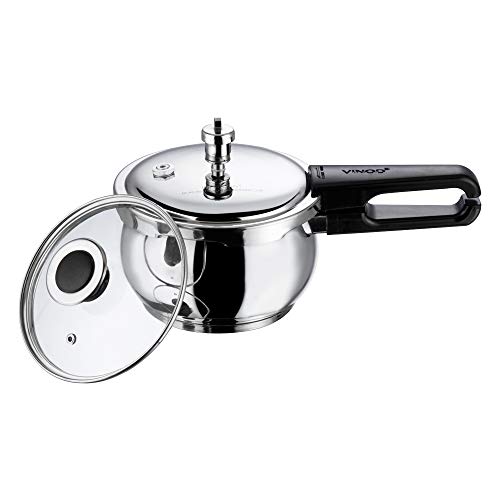 Vinod Splendid Plus Stainless Steel Pressure Cooker Outer Lid 1.5 Litre | SAS Bottom Handi Cooker | Extra Glass Lid | Induction and Gas Base | ISI and CE certified | 2 Years Warranty