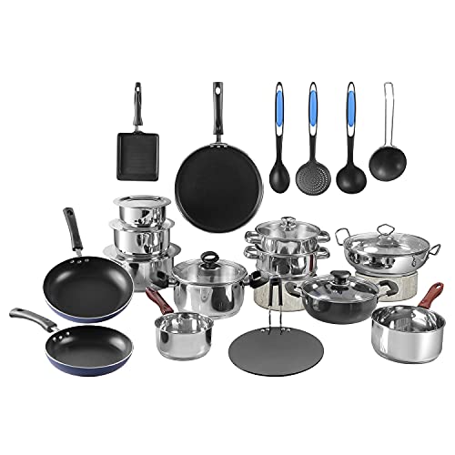 Vinod Stainless Steel 25 Piece Combo Cookware Set - Kadai/Kadhai 3ltr, Kadai/Kadhai 2.1ltr, Saucepan 1 & 1.8Litre, Tope 1L, 1.8L, 2.7L/ Multipurpose Kitchen Set/Induction and Gas Friendly- Silver