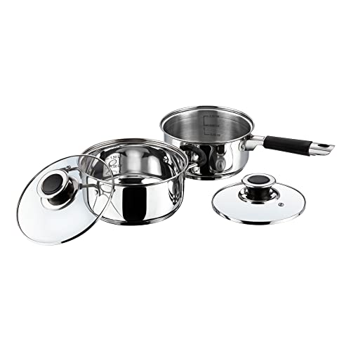 Vinod Stainless Steel Master Chef 2 Pcs Cookware Set | Combo of Saucepan 1.5 Litre (16cm) and Casserole 2.1 Litre (18cm) with Glass Lid - Silver (Induction and Gas Stove Friendly), 24 Months Warranty