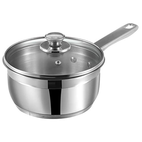 Vinod Stainless Steel Two Tone Saucepan with Glass Lid - 14 cm Diameter, 1.1 litres Capacity (Induction and Gas Stove Friendly), 2 Year Warranty, Silver