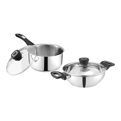 Vinod Veneto Stainless Steel Cookware Set 2 Pcs - Set of Kadhai 1.7 Litre (20 cm) with Glass Lid and Saucapan 1.5 Litre (16 cm) with Glass Lid - Silver, Induction Friendly (24 Months Warranty)
