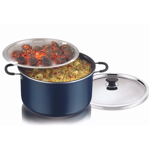Vinod Zest Non-Stick Biryani Pot 14 Litres | Non Stick Dum Biryani Pot 4 MM Thick | Wide Bakelite Handles, With 1 Aluminium & 1 Steel Lid - Blue, (Gas Stove Friendly)