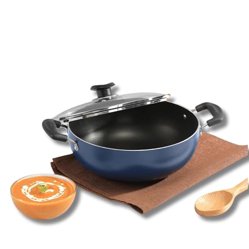 Vinod Zest Non-Stick Deep Kadai/Kadhai with Glass Lid 4.1 litres Capacity (26 cm Diameter) with Riveted Sturdy Bakelite Handles (Gas Stove Compatible) PFOA Free - 3mm Thickness, Blue