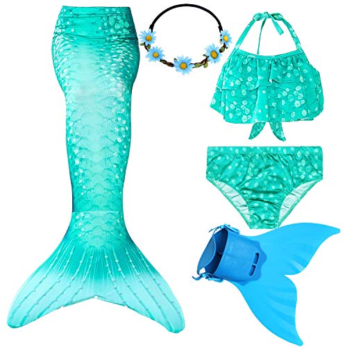 Wfundeals Mermaid Tails for Swimming with Monofin Swimsuit Costume Cosplay, Princess Bikini Set Green