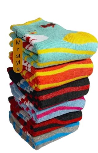 Winter Warm Socks for Kids Toddlers Boys Girls Thick Thermal Woolen Socks Terry Lined Cozy Ankle Socks for Children (Pack of 6 Pairs) (3-7 Year)