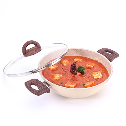 Wonderchef Duralife Die-cast 24 cm Kadhai with lid|5 Layer Healthy Duramax Non-Stick Coating|Soft Touch Handles|Pure Grade Aluminium | PFOA Free | 2.5 litres | 2 Year Warranty Ivory