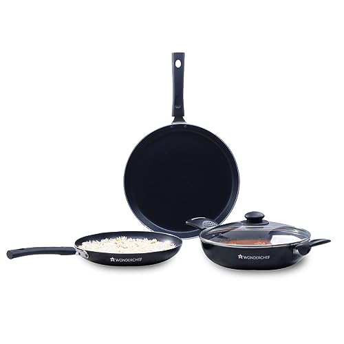 Wonderchef Valencia Non-Stick Cookware 4 Piece Set | Kadhai with Lid 24 cm, Fry Pan 24 cm, Dosa Tawa 28 cm | Pure Grade Aluminium| PFOA Free| 2 Years Warranty | Black
