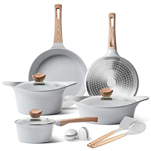 YIIFEEO Pans and Pots Set Nonstick, Granite Cookware Set, Non Stick Induction Cookware sets W/Frying Pans, Saucepan, Saucepot, Utensils, Kitchen Pans for Cooking Set for All Stoves (PFOS, PFOA Free)