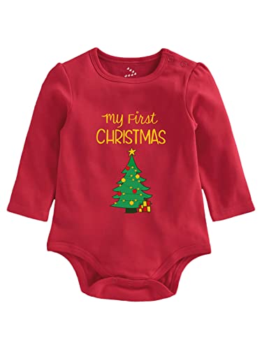 Zeezeezoo My 1st First Christmas Printed Red & Green 100% Cotton Baby Onesies | Rompers | Bodysuits | Christmas Dress and Outfits (0-3 Months, Red)