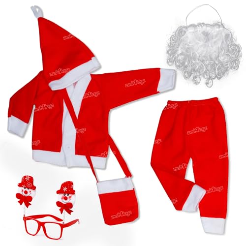 Zest 4 Toyz Santa Claus Dress Christmas Santa Costume for Children With Jacket Pant Cap Pouch And Christmas Party Goggle Frame & Beard For Kids Babies Boy & Girls