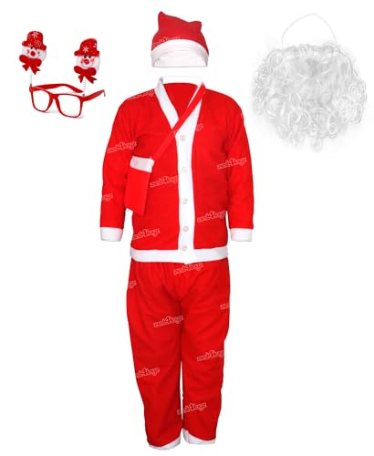 Zest 4 Toyz Synthetic Woven Santa Claus Dress Costume For Kids Jacket Pant Cap Pouch Christmas Party Goggle Frame & Beard Boys Girls - Red Size 5