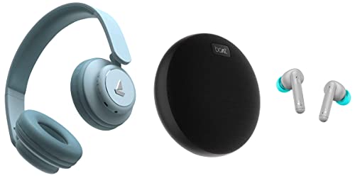 boAt Airdopes 141 Bluetooth Truly Wireless in Ear Earbuds (Cyan Cider) & Rockerz 450 Bluetooth On Ear Headphones, Aqua Blue & Stone 180 5W Bluetooth Speaker Black