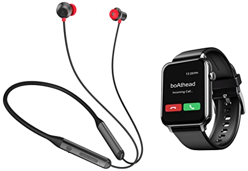 boAt Rockerz 330ANC Bluetooth Neckband in Ear Earphones with mic, Crystal Bionic Sound Powered by Dirac Opteo, ASAP Charge, 24H Playback & ENx Tech(Gunmetal Black) & Call Smart Watch