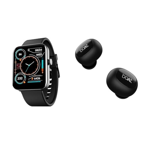 boAt Wave Leap Call with 1.83" HD Display, Advanced Bluetooth Calling(Active Black) & Airdopes 121v2 in-Ear True Wireless Earbuds with Upto 14 Hours Playback, 8MM Drivers(Active Black, with Mic)