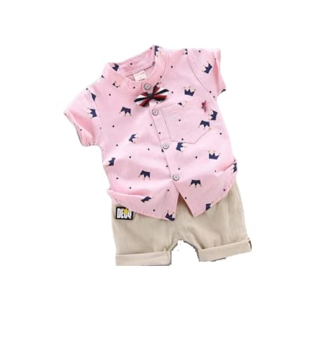 dimension Kids Boy's Printed Cotton Blend,Hosiery Short Sleeve Regular Wear Shirt & Shorts Set (V_E_1008 Pink&lightbrown 6-12 Month)