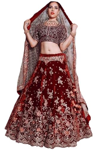 infabzon Lehenga Choli For Women/Girls Maroon Colors Velvet With Multicolor Embrodery Coding Zari Work