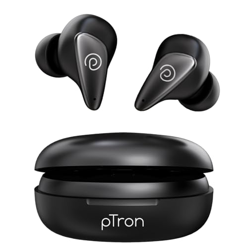 pTron Bassbuds Wave ENC Bluetooth 5.3 Wireless Headphones, 40Hrs Total Playtime, TruTalk AI-ENC Calls, Movie Mode & Deep Bass, in-Ear TWS Earbuds, Touch Control & Type-C Fast Charging (Pearl Black)