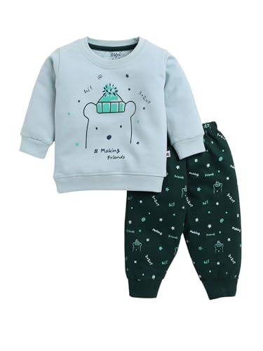 pikku premium 100% Cotton Co-ord Sweat Sets for Baby Boys & Girls - Fullsleeves Day/Night Suits - Ribbed Cuffs & Waist (6-12 months, Christmas Green)