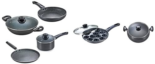 Prestige Omega Granite Aluminium Kitchen Set, 4-Pieces, Black & Aluminium Omega Select Plus Paniyarakkal (240 Mm, Black), Black & Hard Anodised Cookware Lifetime Induction Base Sauce Pan, 200mm, Black