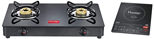 Prestige IRIS LPG Gas Stove, 2 Burner, Black, Powder coater Mild Steel with Glass Top, Manual & PIC 6.1 V3 2200-Watt Induction Cooktop (Black)