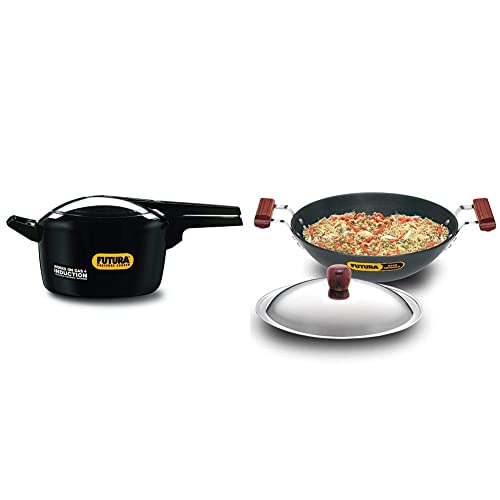 Hawkins - If50 Futura Hard Anodised Induction Compatible Pressure Cooker, 5 Litre & Hawkins - L26 Futura Hard Anodized Flat Bottom Deep-Fry Pan With Steel Lid (3.75 Liter, 30 Cm)
