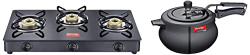 Prestige IRIS LPG Gas Stove, 3 Burner, Black, Glass, Manual & Svachh Nakshatra Plus Hard Anodised 5 Litre Pressure Handi