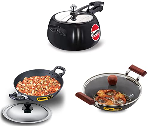 Hawkins Contura Black Pressure Cooker,5 Litre,Black&Futura Deep-Fry Pan,Black&Futura Hard Anodised Aluminium Round Bottom 3.25 Mm Thickness Kadhai(Capacity 2.5 Litre,Diameter 25 Cm,Black),5 Liter