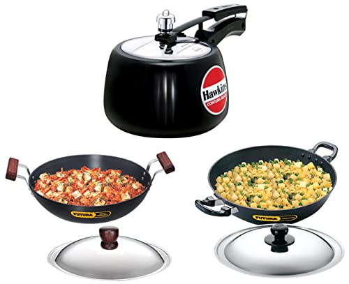 Hawkins Contura Hard Anodised Aluminium Pressure Cooker, 3 Litres, Black & Futura Deep-Fry Pan Black (Nk40S) & Futura Hard Anodised Deep-Fry Pan/Kadhai (Round Bottom), Black, 3 Liter