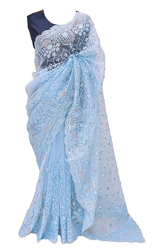 RANGOLI ART Womens And Girls Organza Silk Fabric Saree With Sequance embroidery Multi Thread Work Saree (Sky Blue)