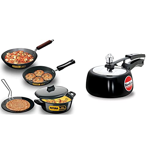 Hawkins Futura Hard Anodised Cookware Set, 4 Pieces (Ls1) & Hawkins Contura Hard Anodised Aluminium Pressure Cooker, 1.5 Liters, Black