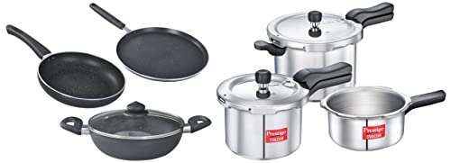 Prestige Svachh Aluminium 2+3+5 Litre Combo Cooker With Induction Base + Prestige Omega Deluxe Granite 3 Pcs With 1 Glass Lid,Non-Stick, 3 Liter