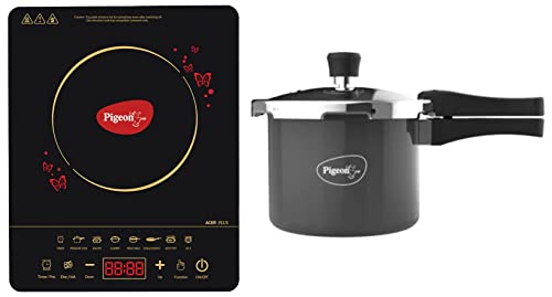Pigeon by Stovekraft ABS Plastic Acer Plus Induction Cooktop 1800 Watts with Feather Touch Control & Pigeon Hard Anodised Pressure Cooker Outer Lid with Induction Base 3 Litre