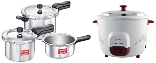 Prestige Svachh Aluminium 2+3+5 Litre Combo Cooker With Induction Base + Prestige Prwo 1.8 Litre Red Colour Rice Cooker, 1.8 Liter