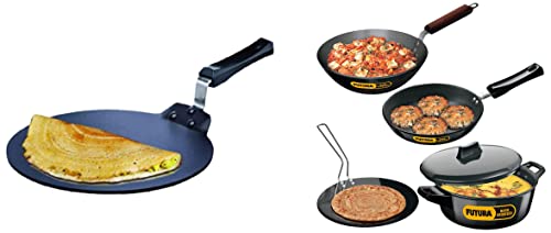 Hawkins - Q28 Futura Non-Stick Dosa Tava, 28 cm, Black & Hawkins Futura Hard Anodised Cookware Set, 4 Pieces (Ls1)